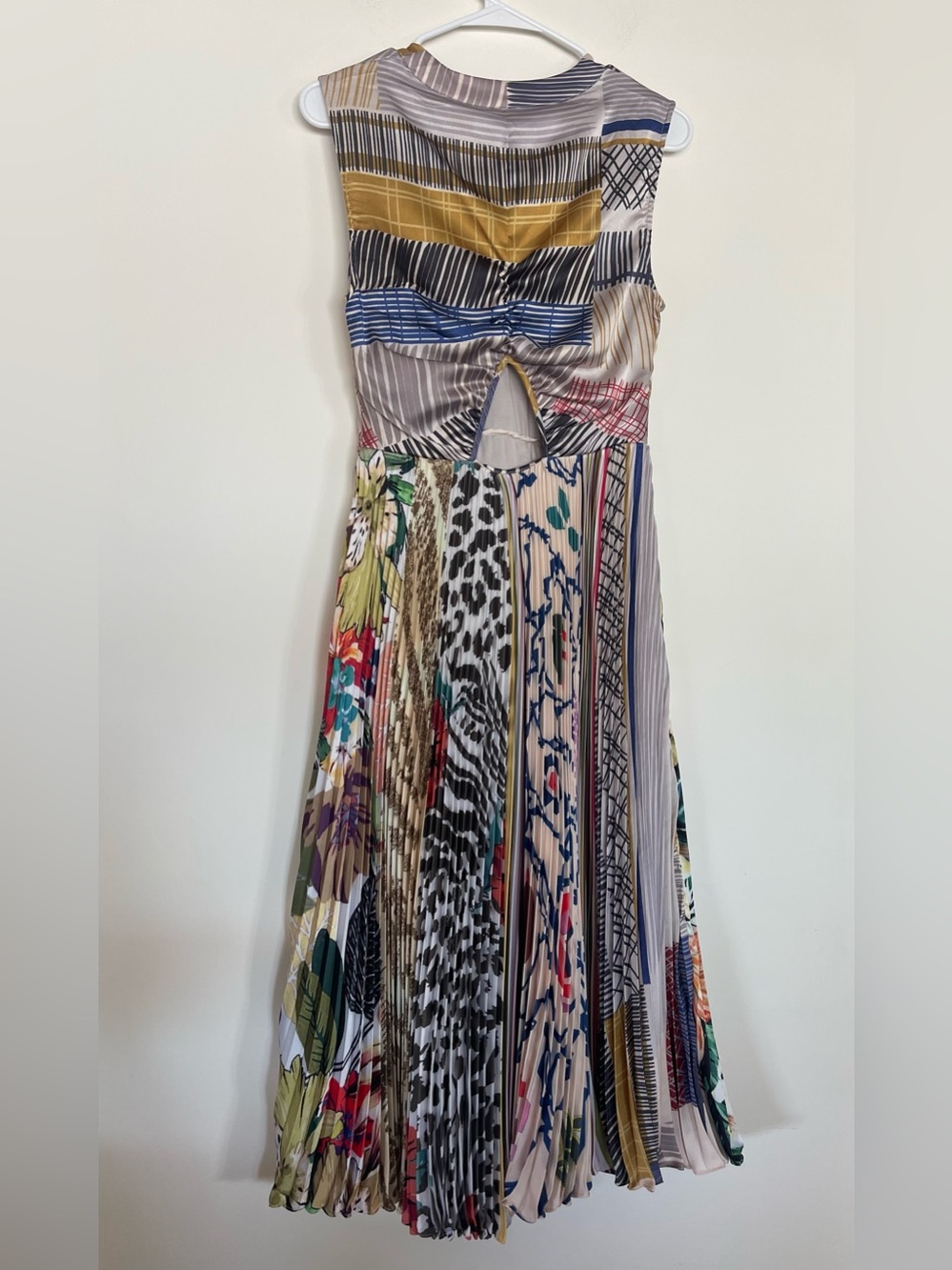Anthropologie Geisha Designs Jacinta Pleated Satin Patchwork Print Midi Size 4 - Picture 8 of 11